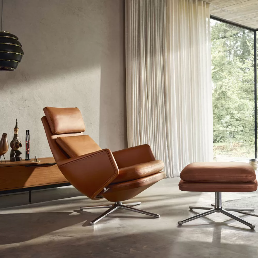 Poltrone Singole^Vitra Grand Relax & Ottoman | Poltrona E Poggiapiedi | Pelle Cognac - Base Alluminio