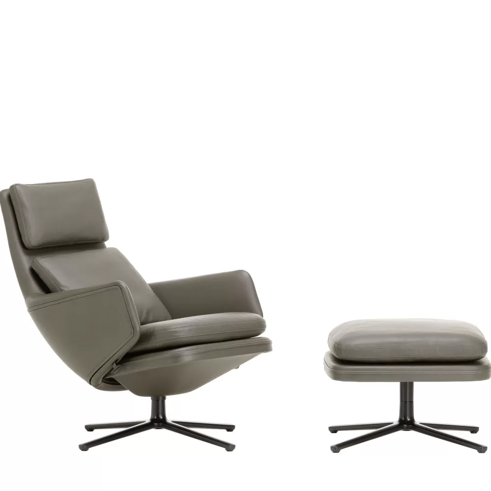 Poltrone Singole^Vitra Grand Relax & Ottoman | Poltrona E Poggiapiedi | Pelle Grigio Umbra - Base Nera