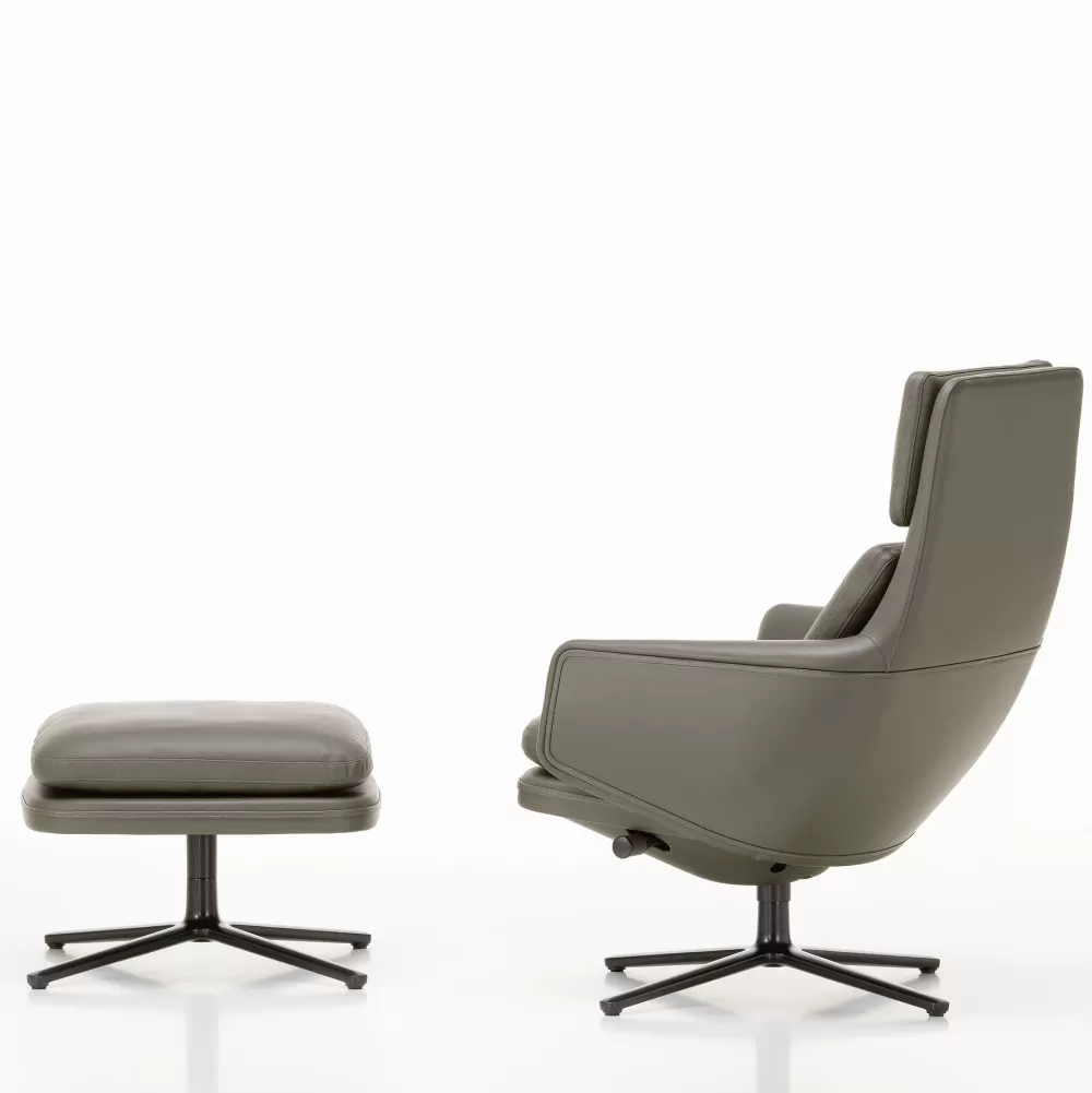 Poltrone Singole^Vitra Grand Relax & Ottoman | Poltrona E Poggiapiedi | Pelle Grigio Umbra - Base Nera